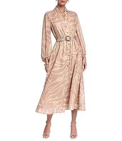 Balloon Sleeve Animal Print Midi Shirt Dress by Halston