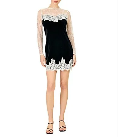 Kalo Velvet Crew Neck Long Sheer Sleeve Lace Trim Mini Dress by Line and Dot