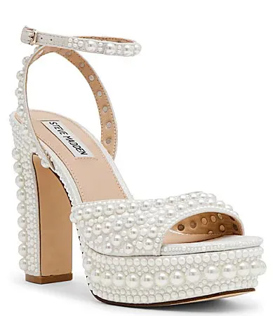 Assured Pearl Embellished Ankle Strap Block Heel Platform Sandals by Steve Madden