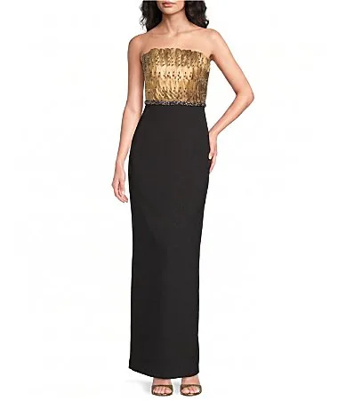 Feather Bodice Knit Crepe Column Gown by Aidan Mattox