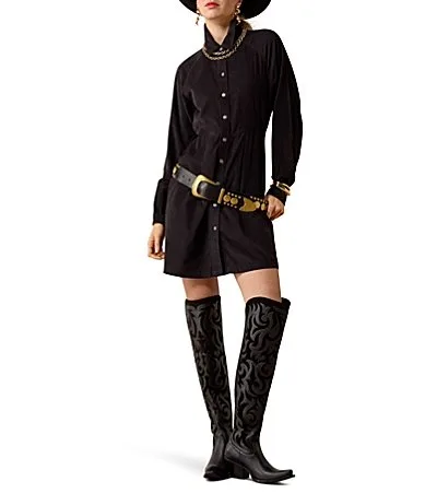 Nocturne Corduroy Point Collar Long Sleeve Front Button Mini Length A-Line Dress by Ariat
