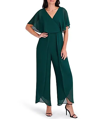 Chiffon Surplice V-Neck Short Flutter Sleeve Ruffle Overlay Wide Leg Jumpsuit by Kensie