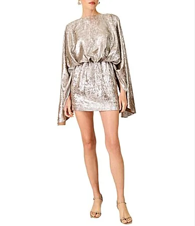 Dakota Metallic High Neck Long Cape Sleeve Mini Dress by Line and Dot
