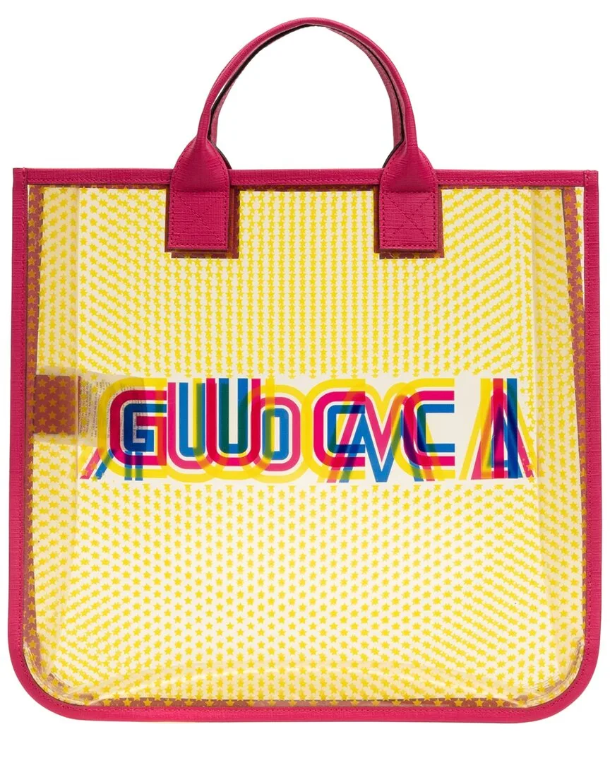 Fuchsia Pink & Yellow & Blue Printed Resin Canvas Amour Transparent Tote (authentic Pre-Loved) by Gucci