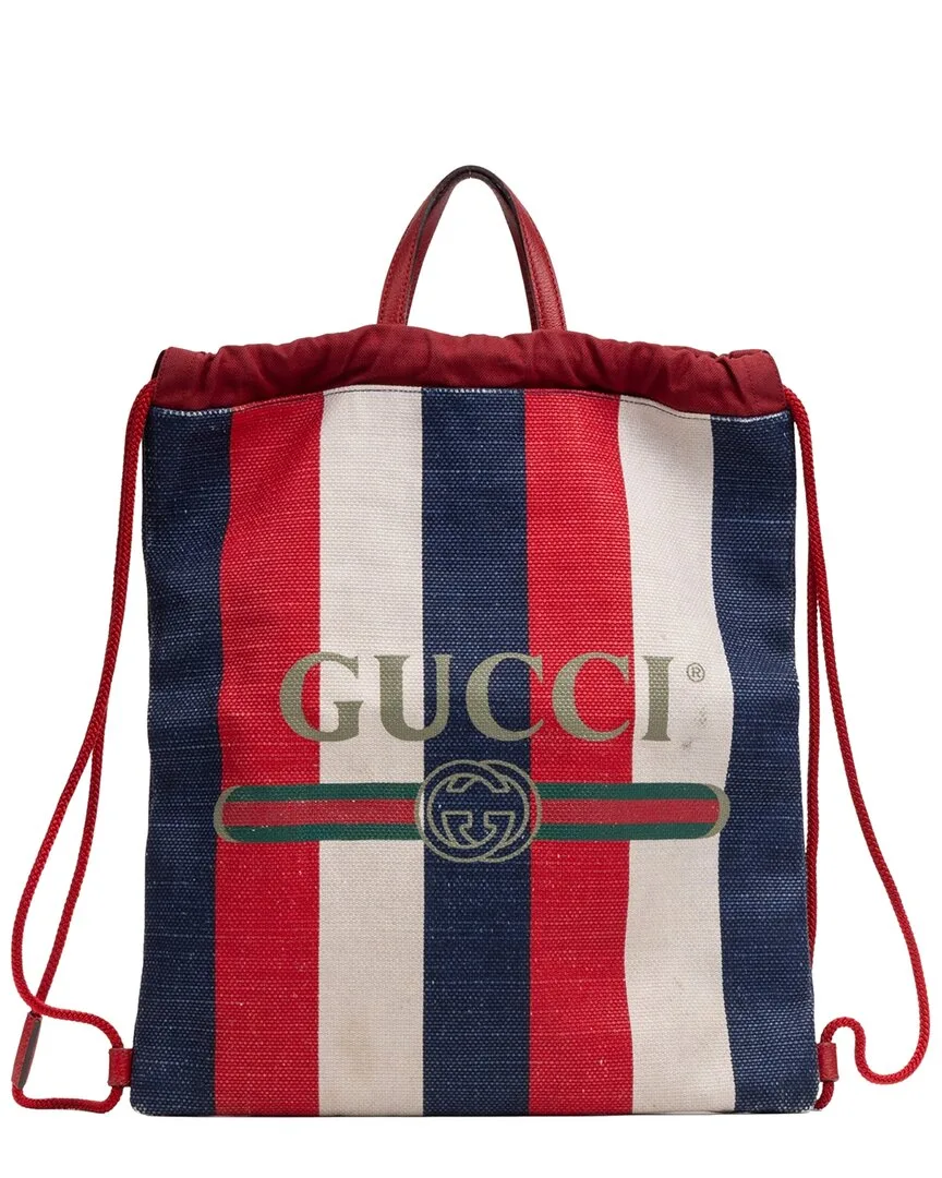 Blue & Red & White Logo Print Canvas Striped Drawstring Backpack (authentic Pre-Loved) by Gucci