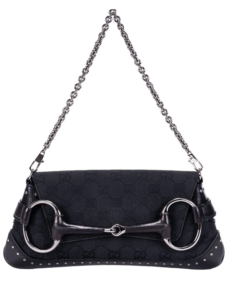Black Gg Monogram Canvas Horsebit Chain Clutch (authentic Pre-Loved) by Gucci