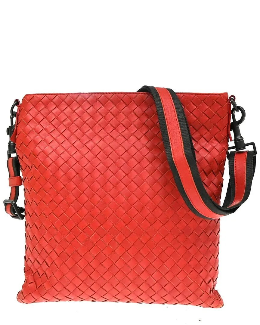 Red Leather Flat Messenger Crossbody (authentic Pre-Loved) by Bottega Veneta