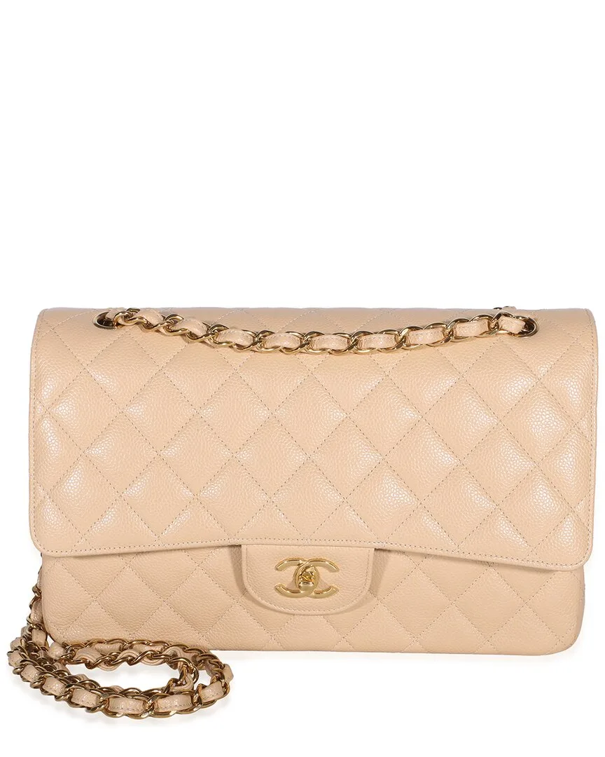 Beige & Neutral Quilted Caviar Leather Jumbo Double Flap Bag (authentic Pre-Loved) by CHANEL