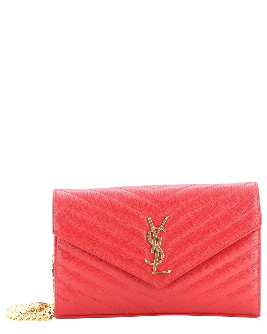 Red Matelasse Chevron Leather Classic Monogram Wallet on Chain Medium (authentic Pre-Loved) by Saint Laurent