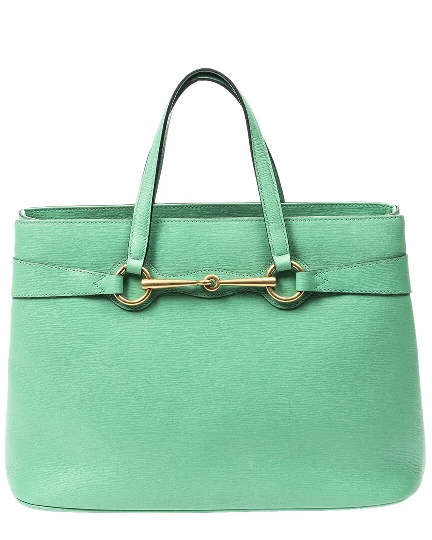 Light Green Textured Leather Medium Bright Bit Tote (authentic Pre-Loved)