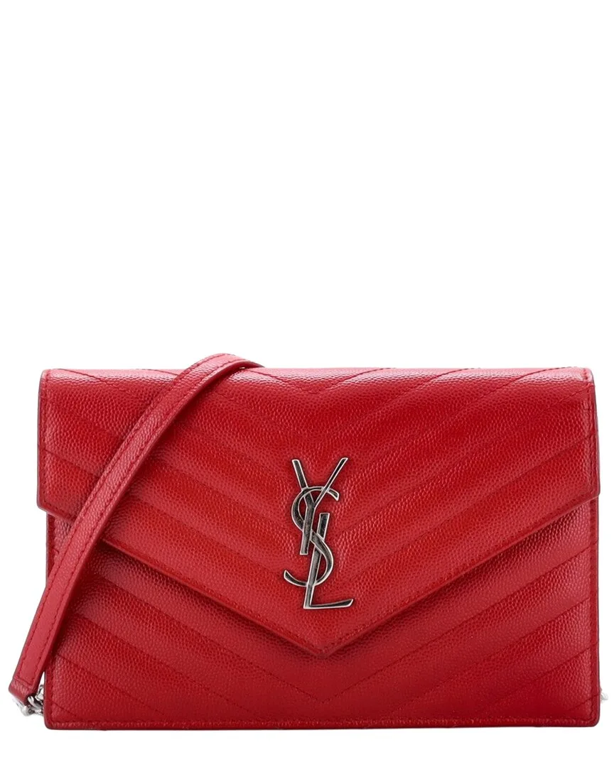 Red Matelasse Chevron Leather Classic Monogram Wallet on Chain Small (authentic Pre-Loved) by Saint Laurent