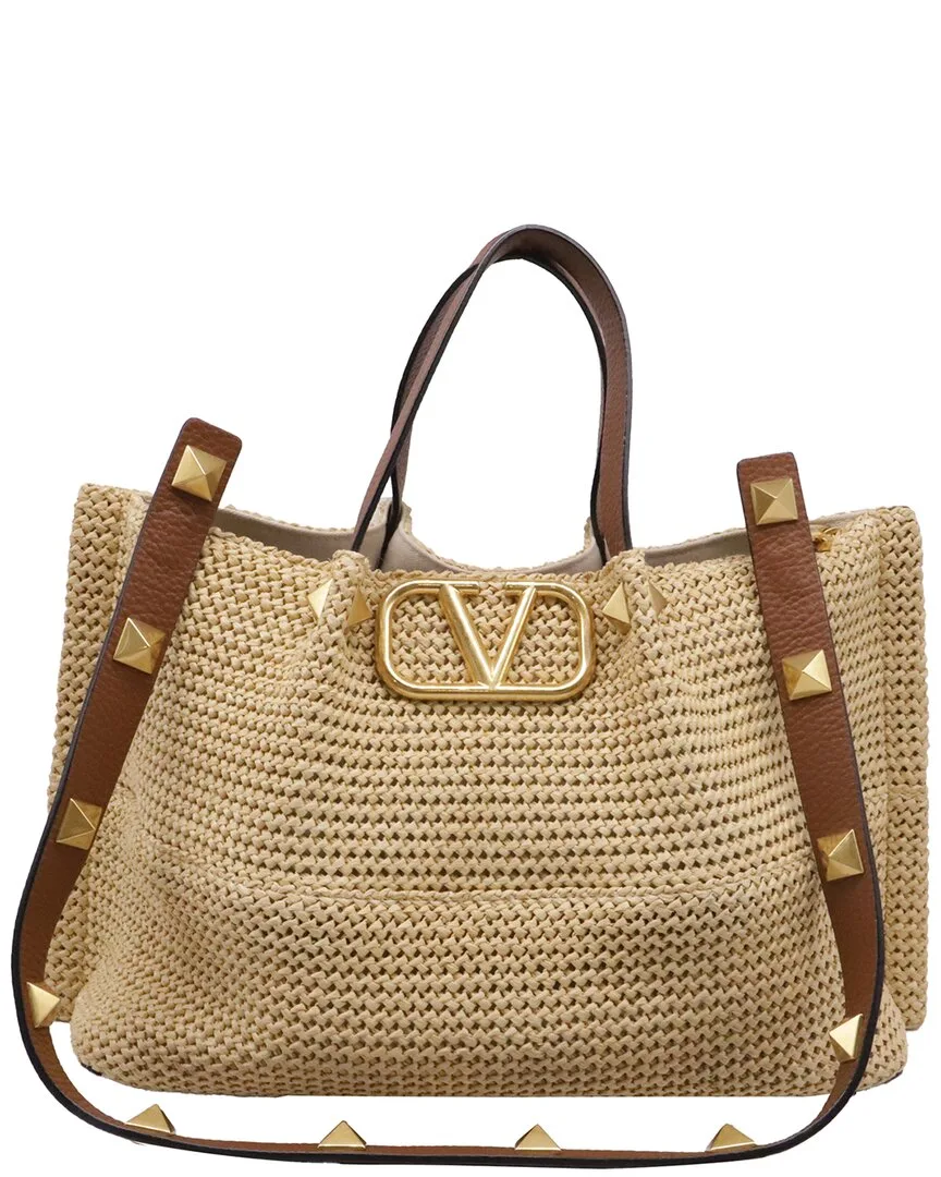 Beige Raffia Medium Rockstud Vlogo Tote (authentic Pre-Loved) by Valentino
