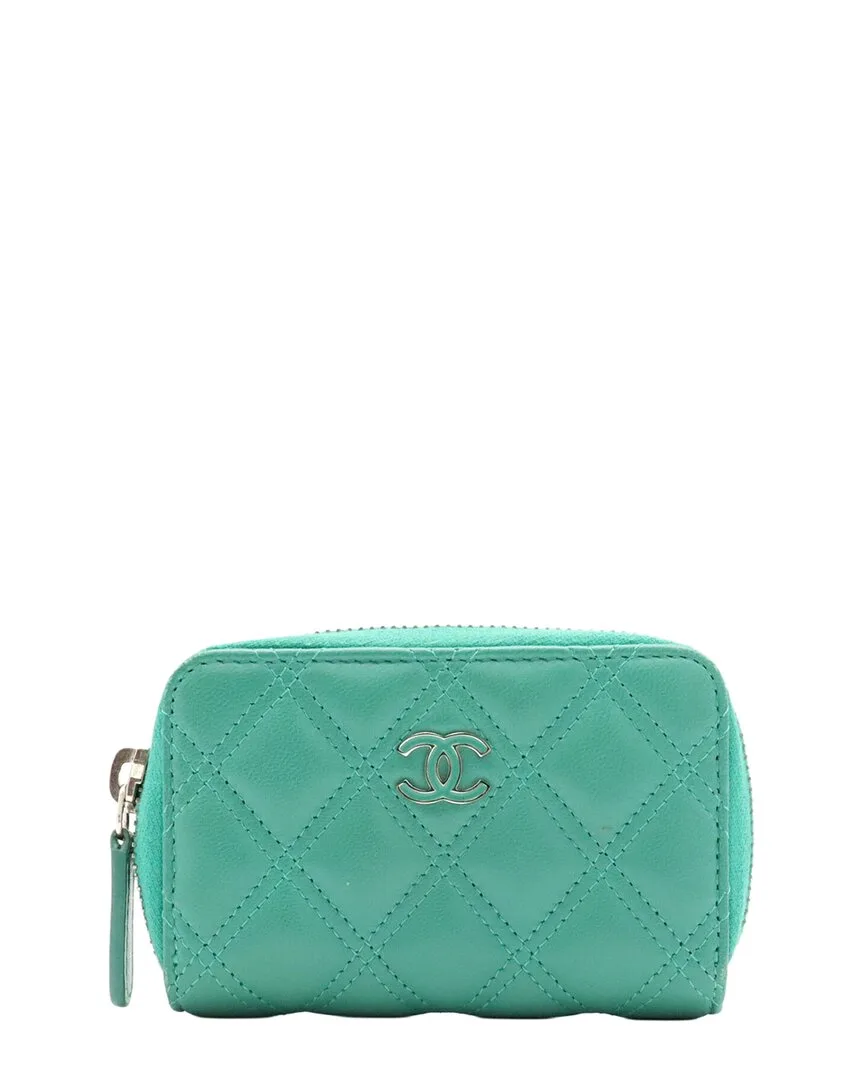 Green Lambskin Matelasse Coco Mark Zip Coin Case (authentic Pre-Loved) by CHANEL