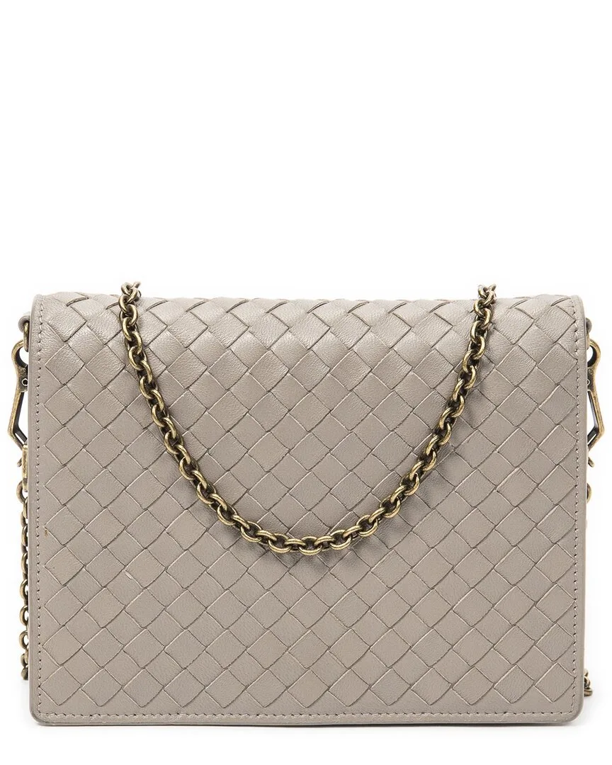 Grey Intrecciato Leather Flap Wallet on Chain (authentic Pre-Loved) by Bottega Veneta
