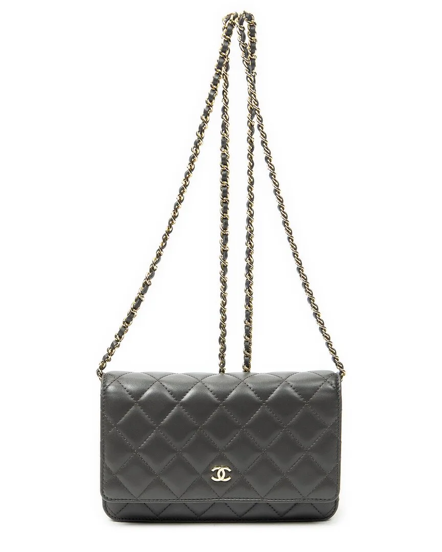 Dark Grey Quilted Lambskin Leather Classic Wallet on Chain (authentic Pre-Loved) by CHANEL