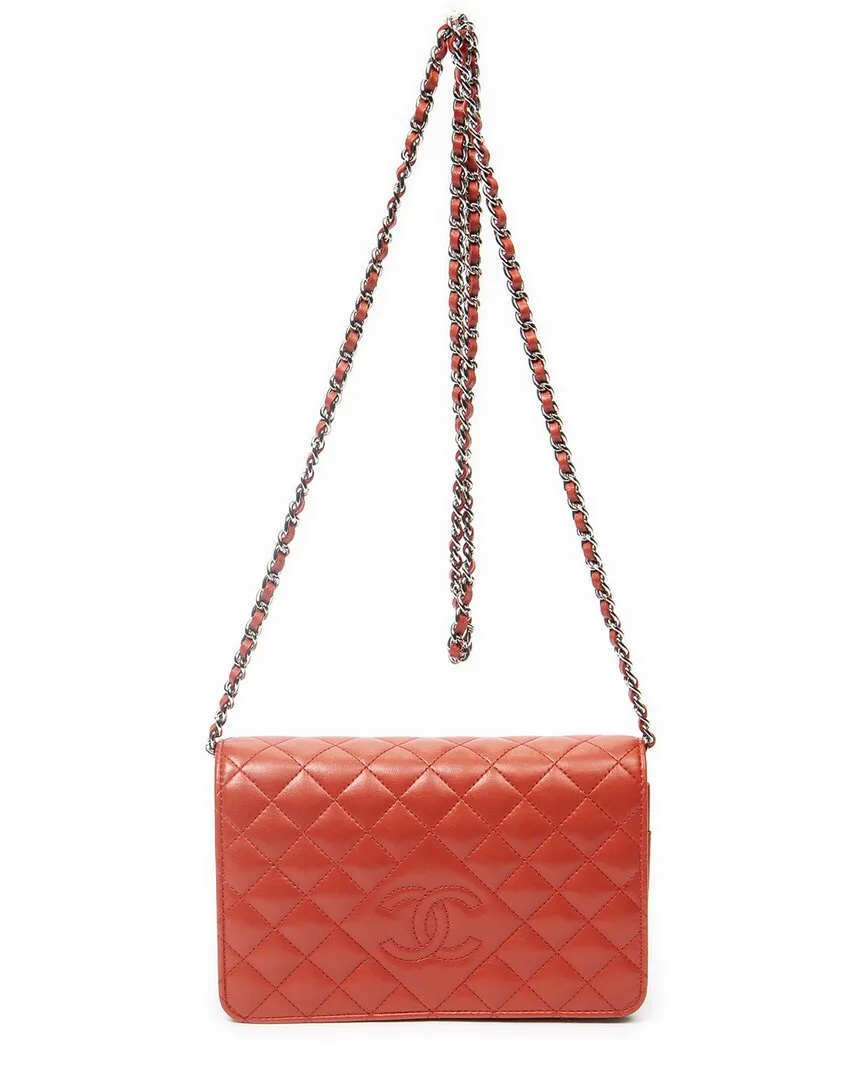 Red Quilted Lambskin Leather Diamond Cc Wallet on Chain (authentic Pre-Loved) by CHANEL