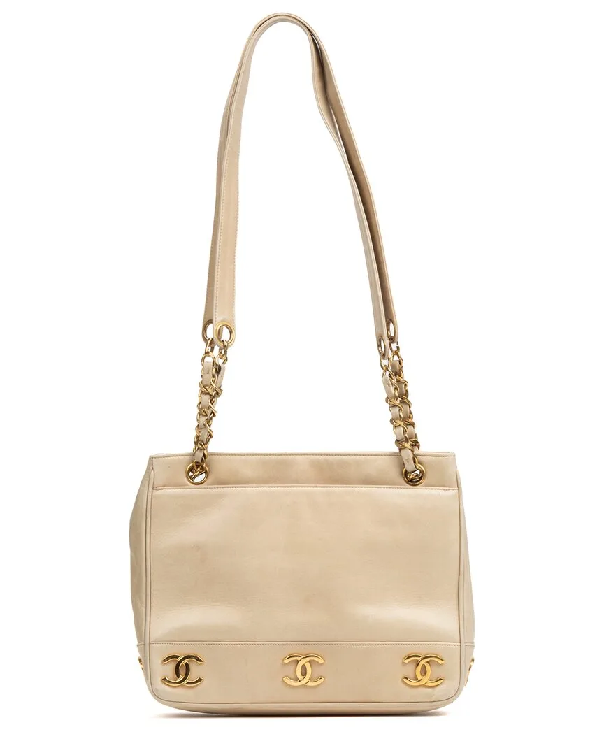 Light Beige Smooth Leather Triple Logo Chain Tote (authentic Pre-Loved) by CHANEL