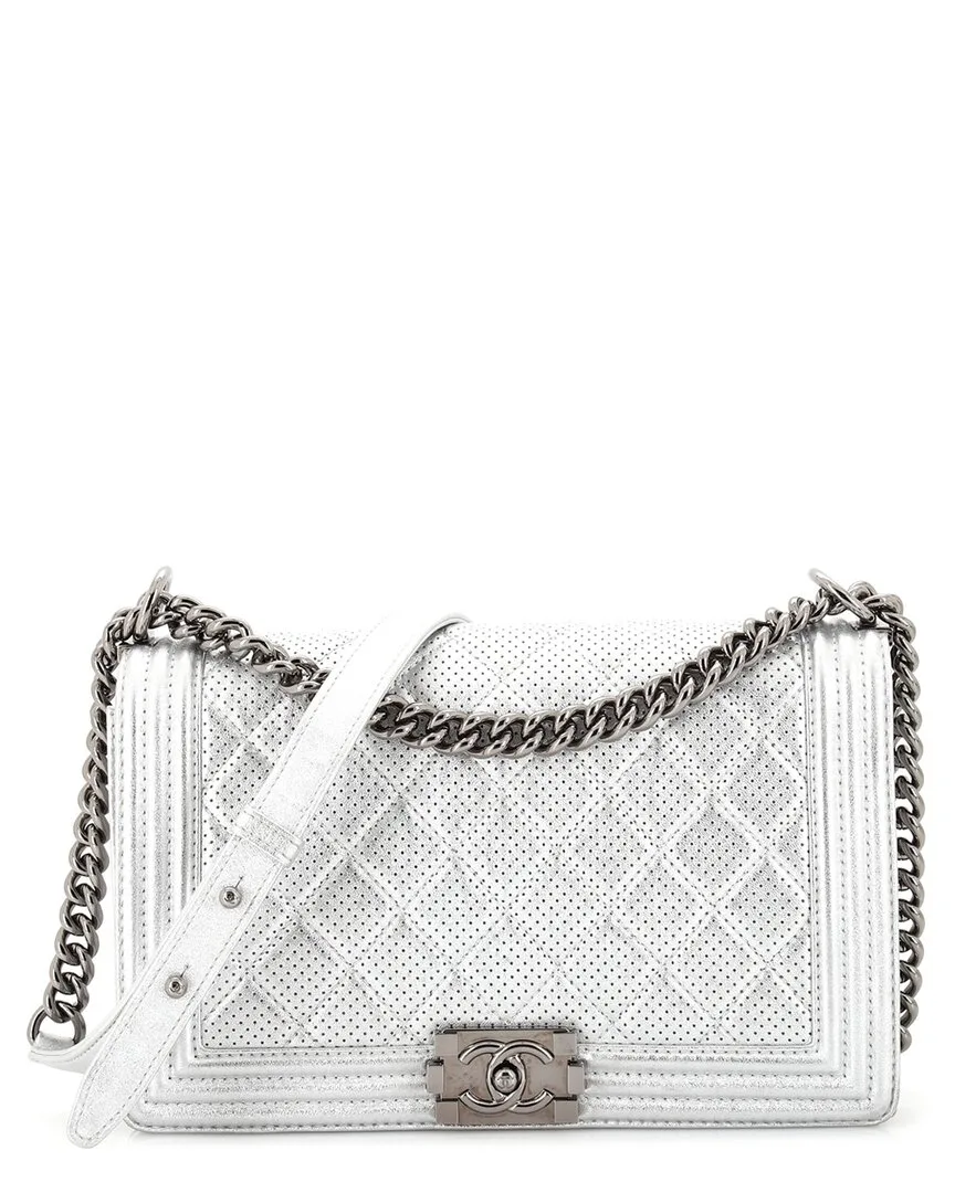 Silver Perforated Lambskin Quilted Leather Boy Perforated (authentic Pre-Loved) by CHANEL