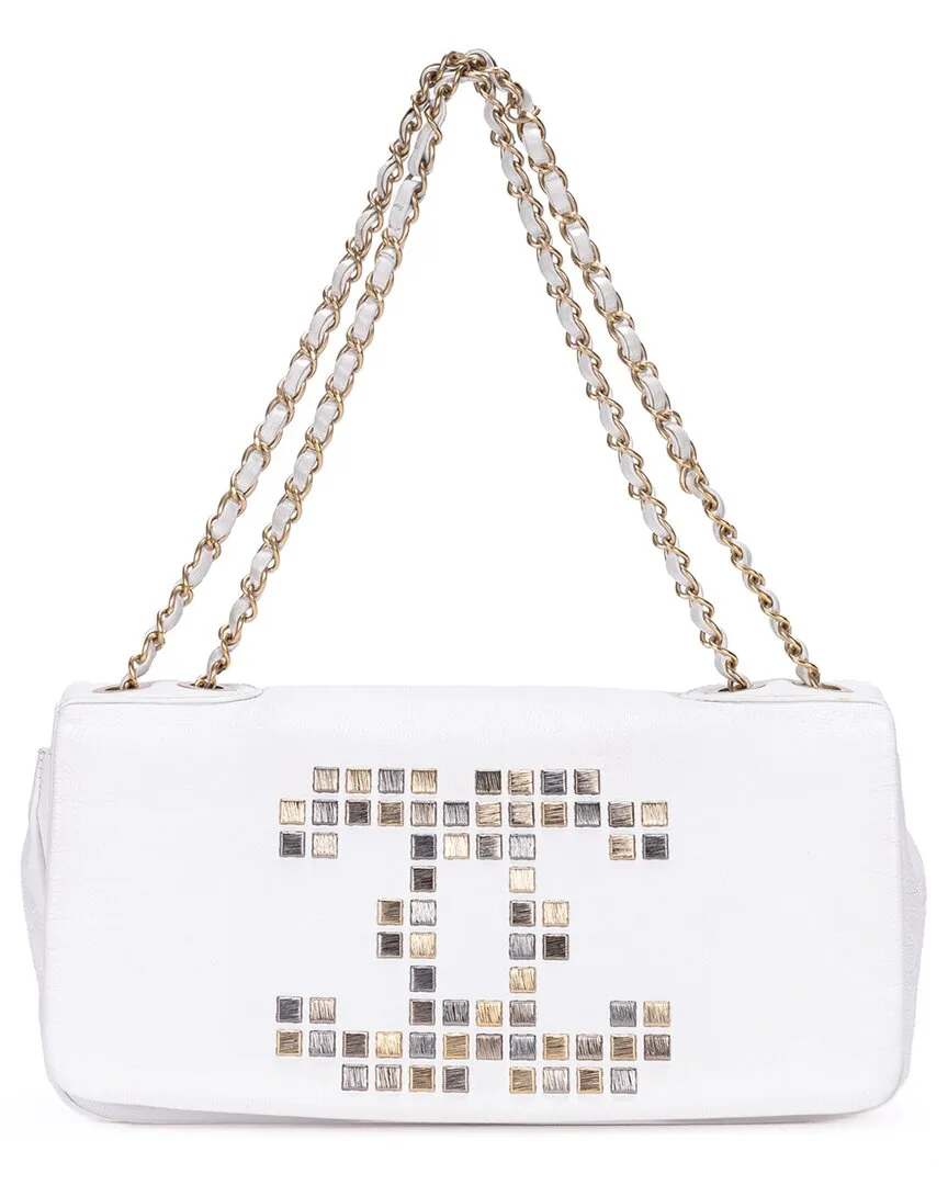 White Lambskin Leather 2009 Collection Logo Mosaic Chain Flap (authentic Pre-Loved) by CHANEL