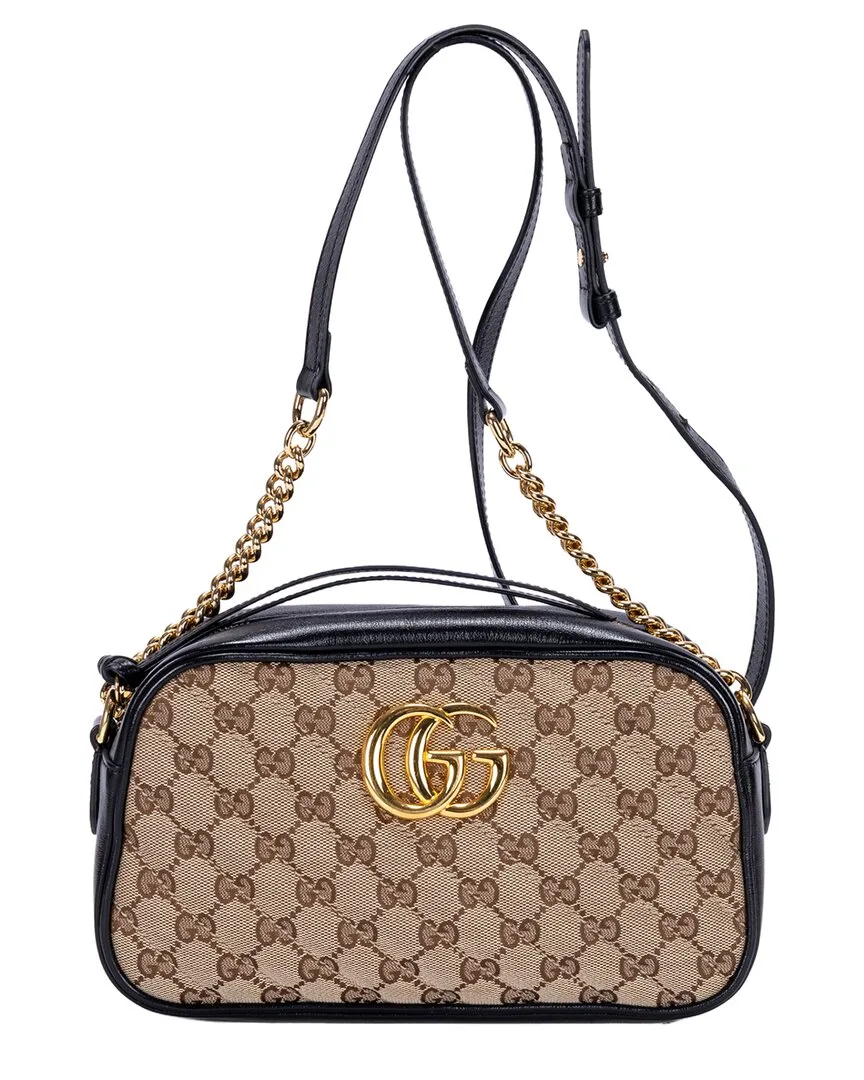 Beige & Black Gg Monogram Canvas Small Gg Marmont Chain Crossbody (authentic Pre-Loved) by Gucci