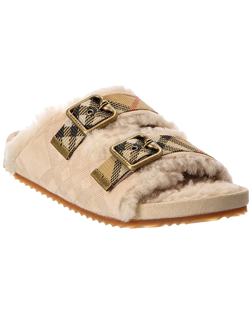 Check Suede & Shearling Sandal by Burberry