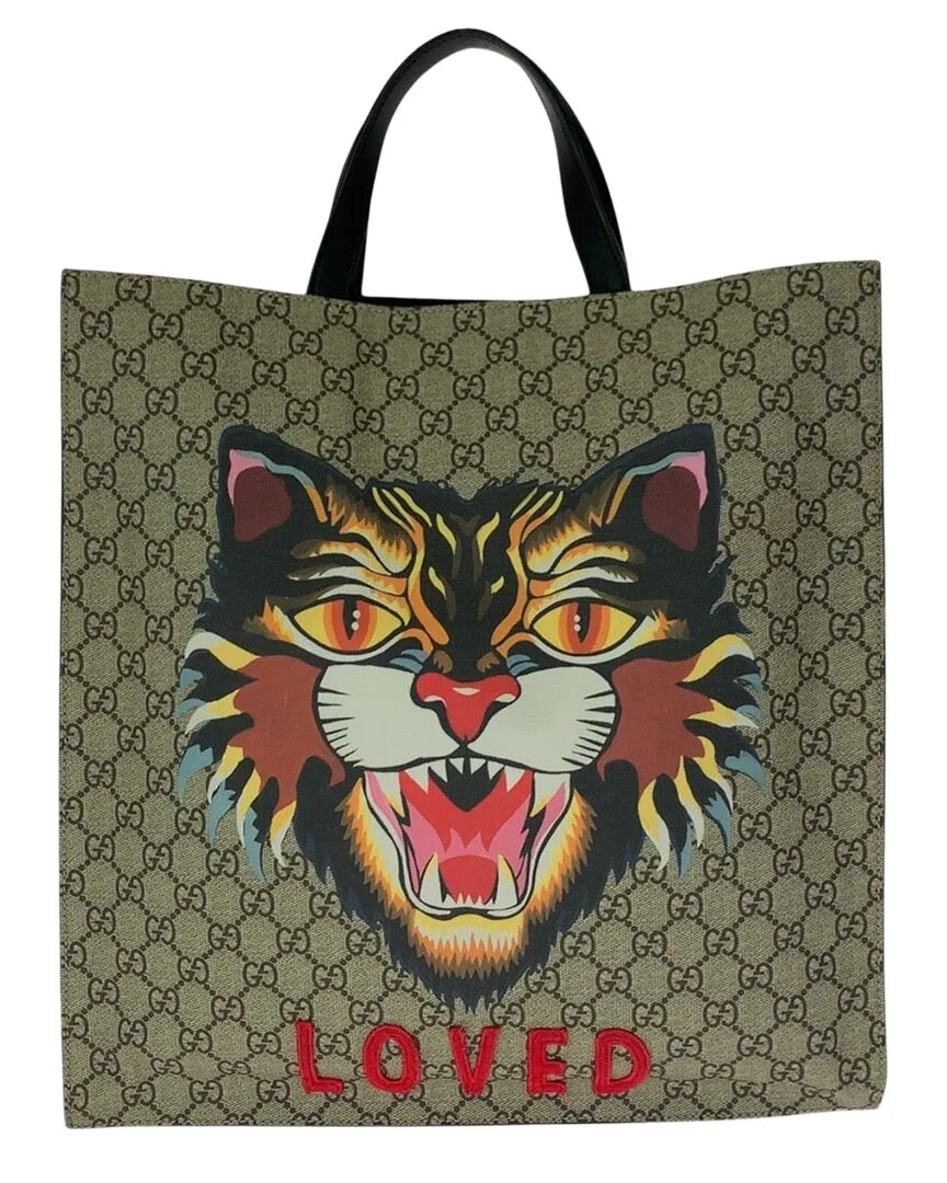 Beige Coated/Waterproof Canvas Angry Cat Tote (authentic Pre-Loved) by Gucci