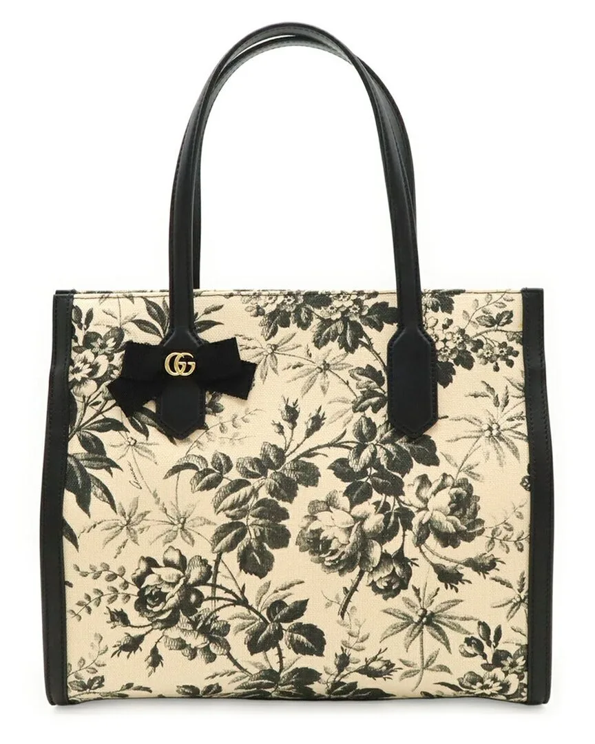 Canvas & Leather Gg Ribbon Floral Tote (authentic Pre-Loved) by Gucci
