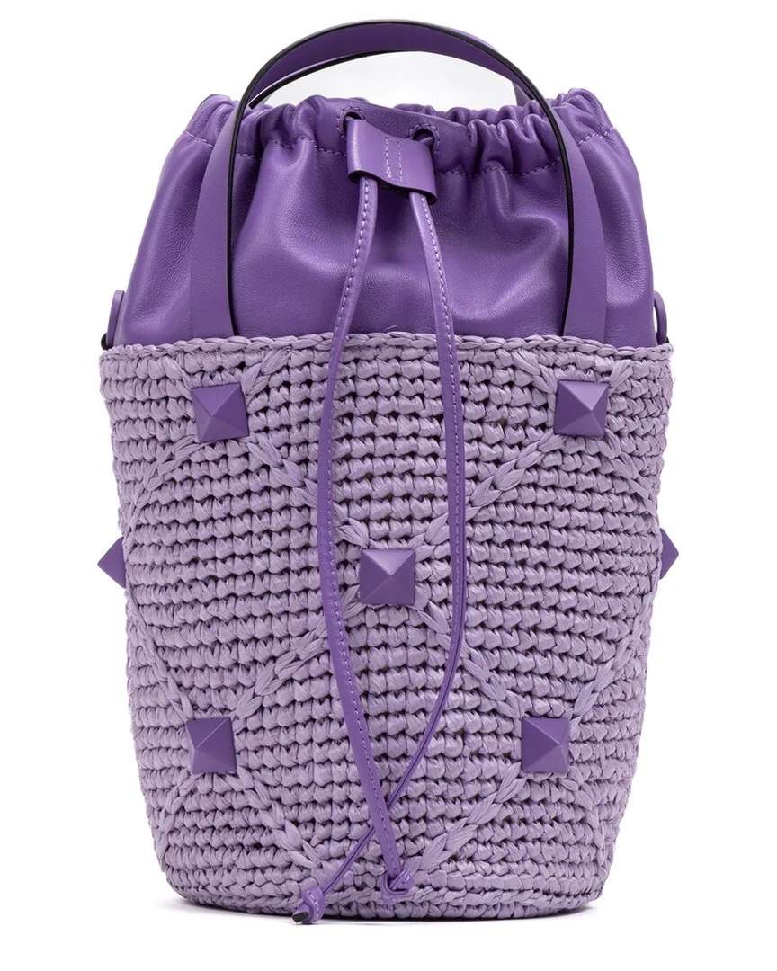 Purple Raffia Canvas & Smooth Leather Roman Stud Bucket Bag (authentic Pre-Loved) by Valentino