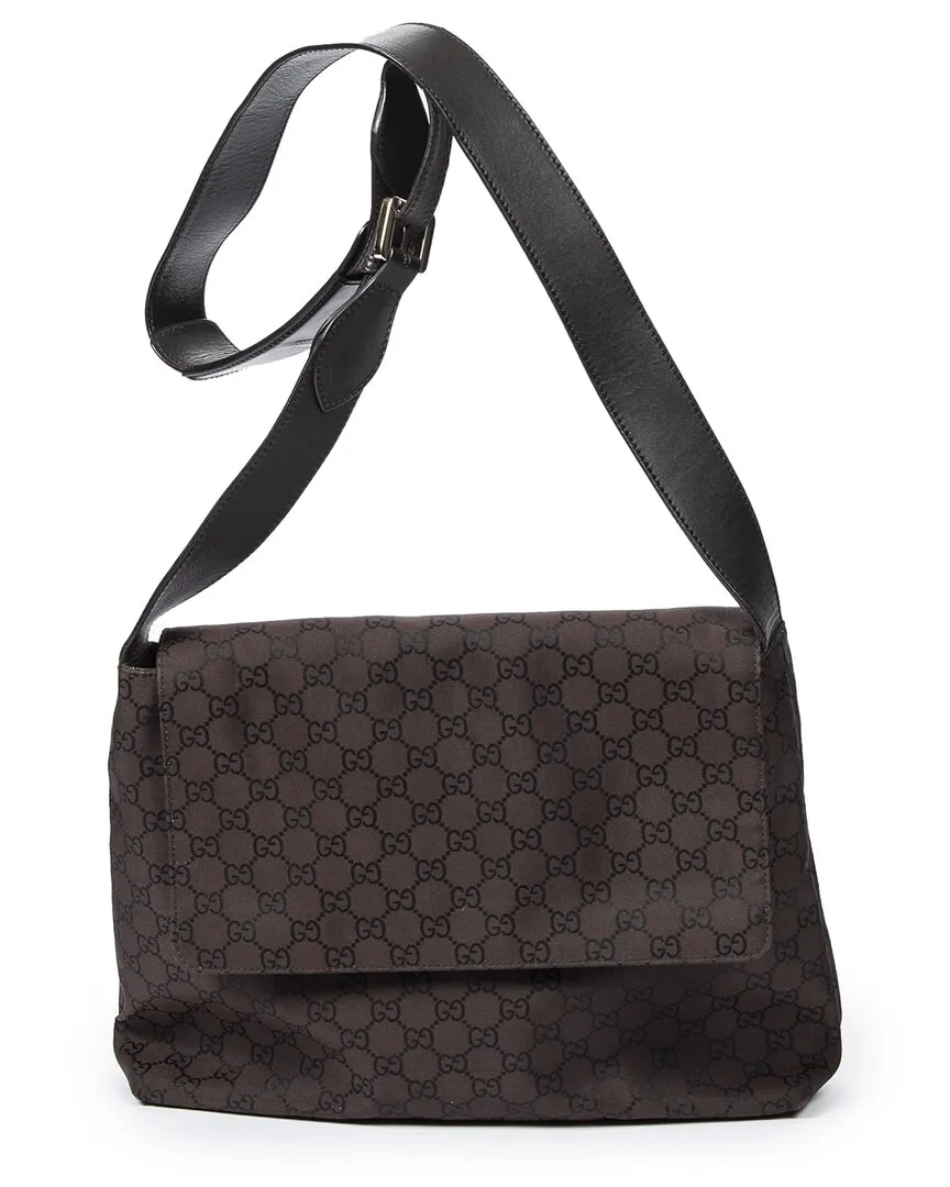 Brown Monogrammed Nylon Canvas Flap Messenger (authentic Pre-Loved) by Gucci