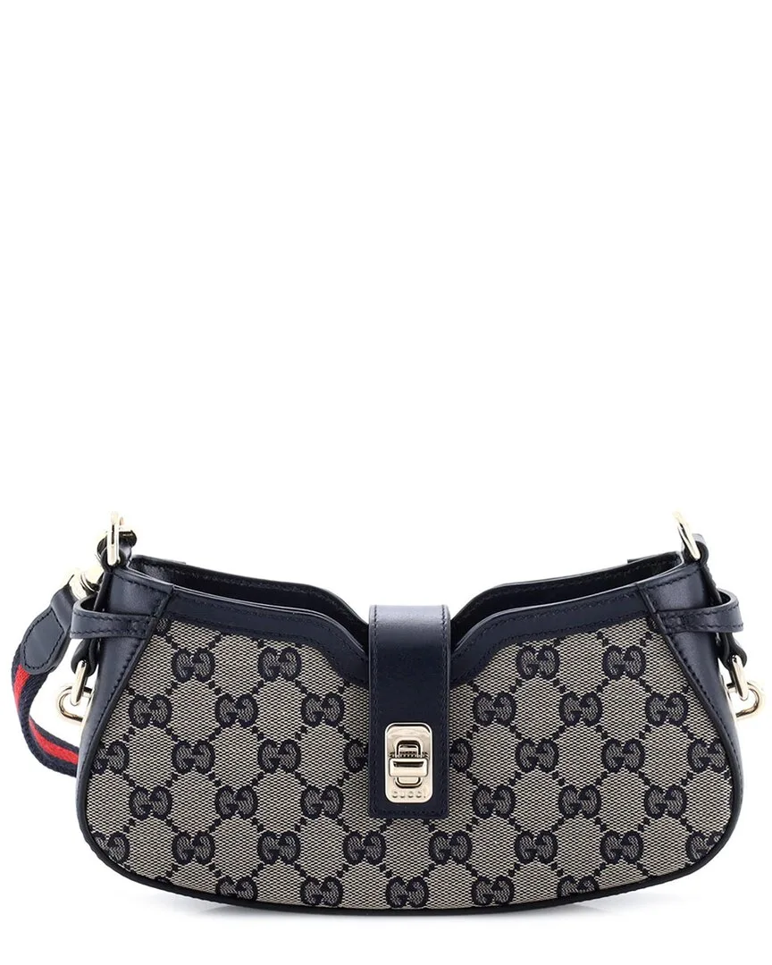 Navy Monogrammed Canvas Mini Moon Side Hobo (authentic Pre-Loved) by Gucci
