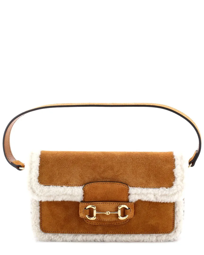 Brown & White Shearling with Suede Leather Small Piston Lock Horsebit 1955 (authentic Pre-Loved) by Gucci