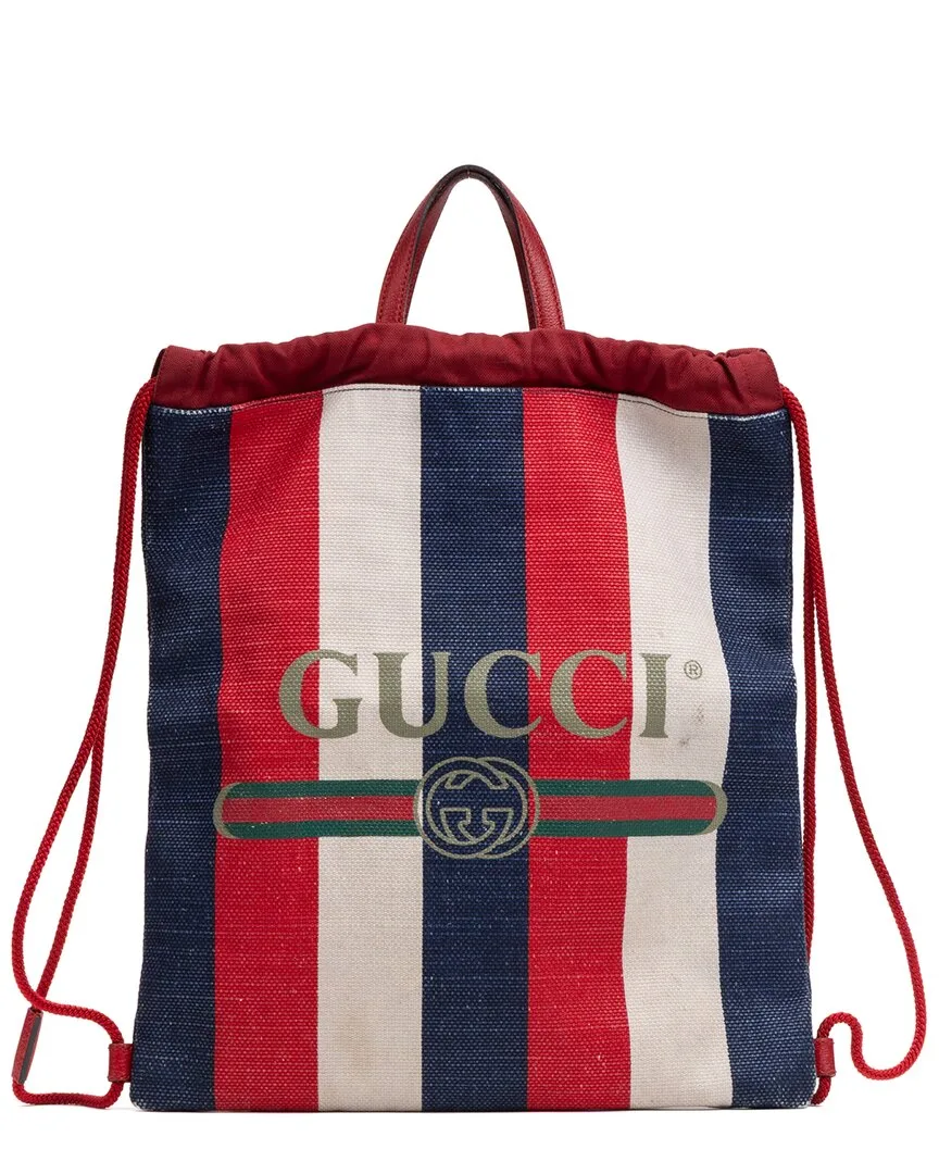 Blue & Red & White Logo Print Canvas Striped Drawstring Backpack (authentic Pre-Loved) by Gucci