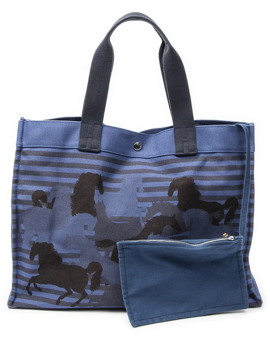 Blue Printed Canvas Chevaux En Camouflage Beach Bag (authentic Pre-Loved) by Herms