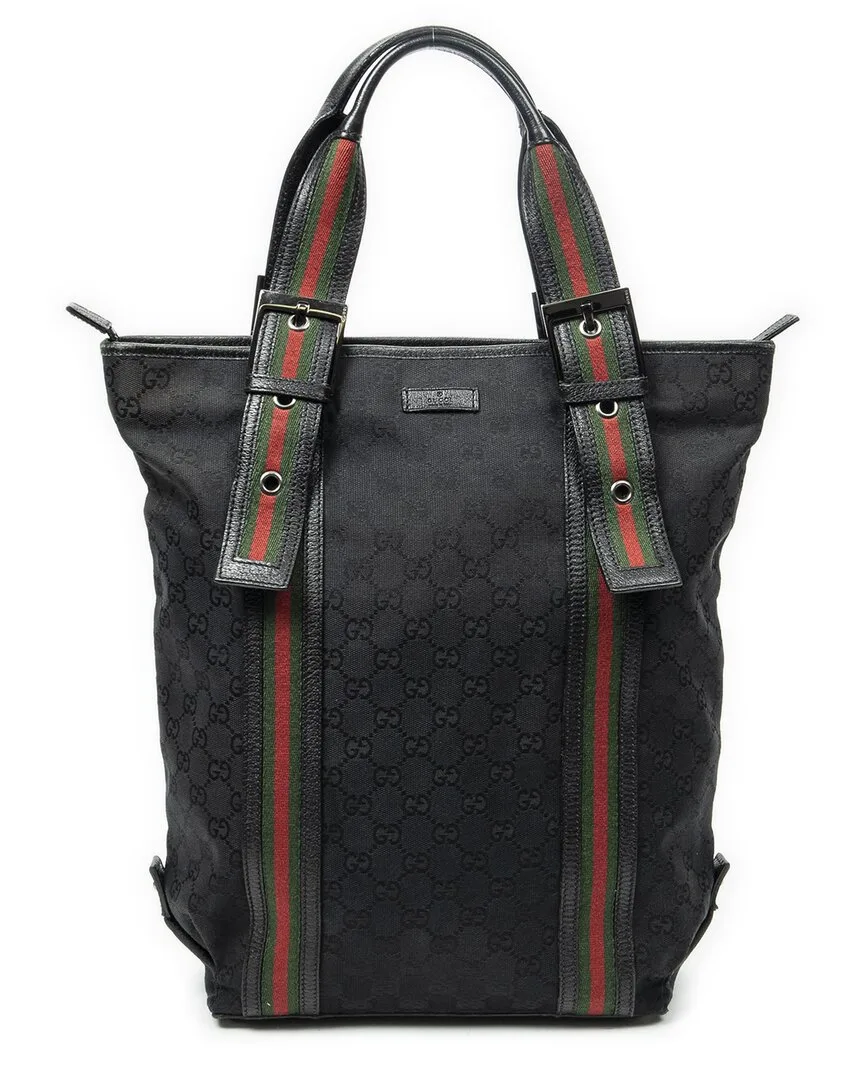Black Monogrammed Canvas Web Buckle Vertical Tote (authentic Pre-Loved) by Gucci