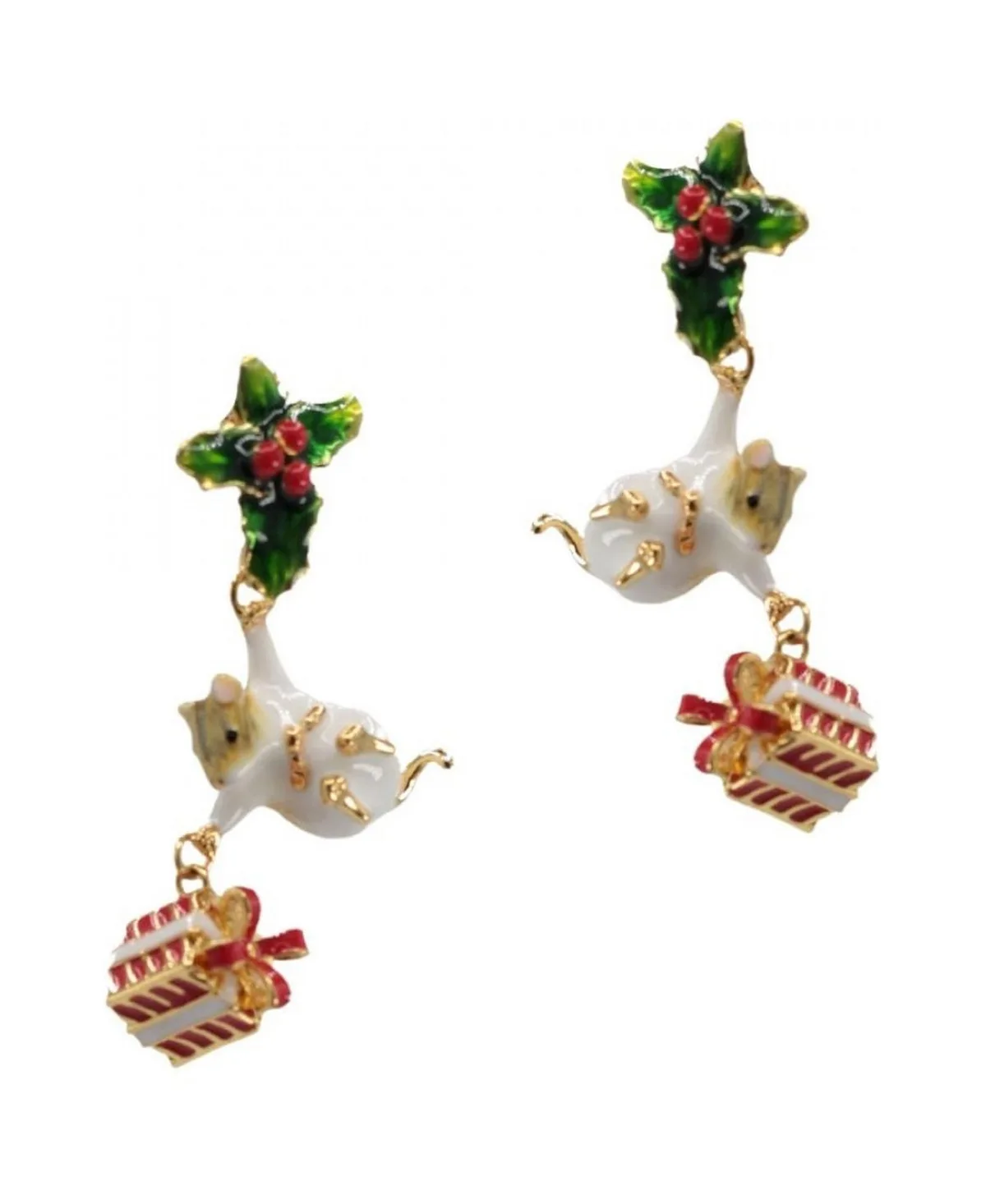 Bill Skinner Studio Crystal Gold-Tone Christmas Mouse Hand-Painted Enamel Drop Earrings by Bill Skinner Studio