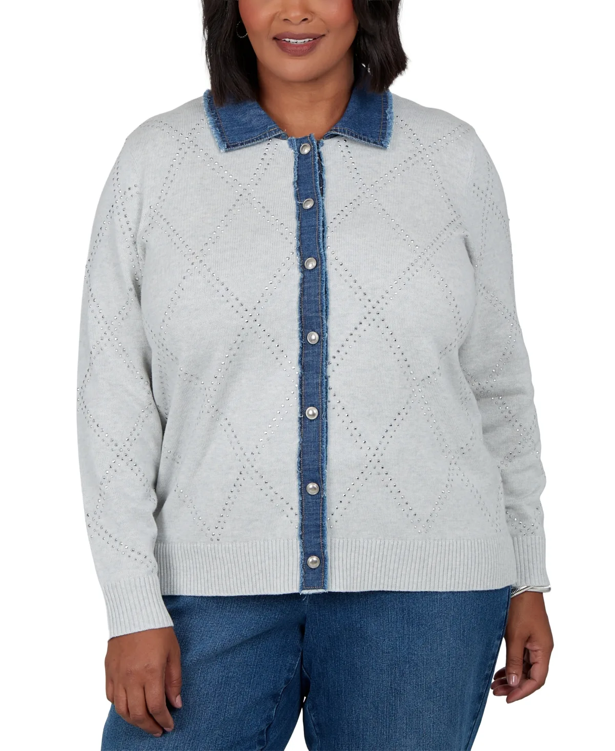 Long Sleeve Pointelle Knit Johnny Collar Cardigan Sweater by Alfred Dunner