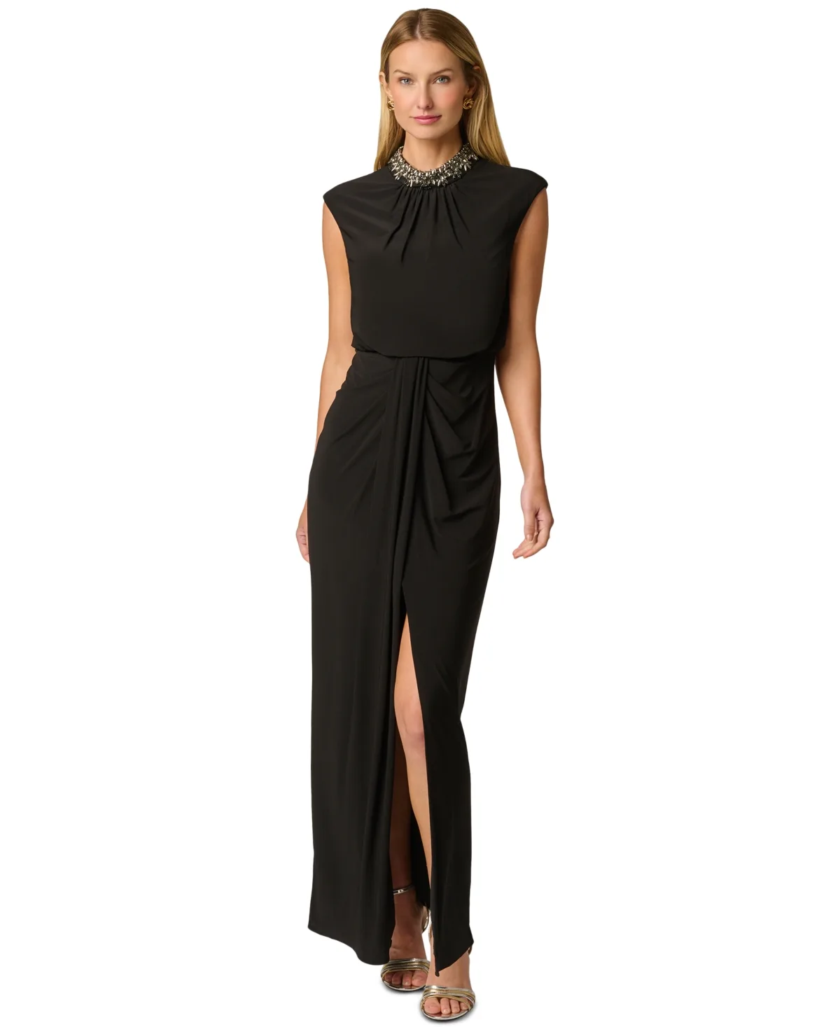 Pearl Mock-Neck Embellished Front-Slit Gown by Adrianna Papell