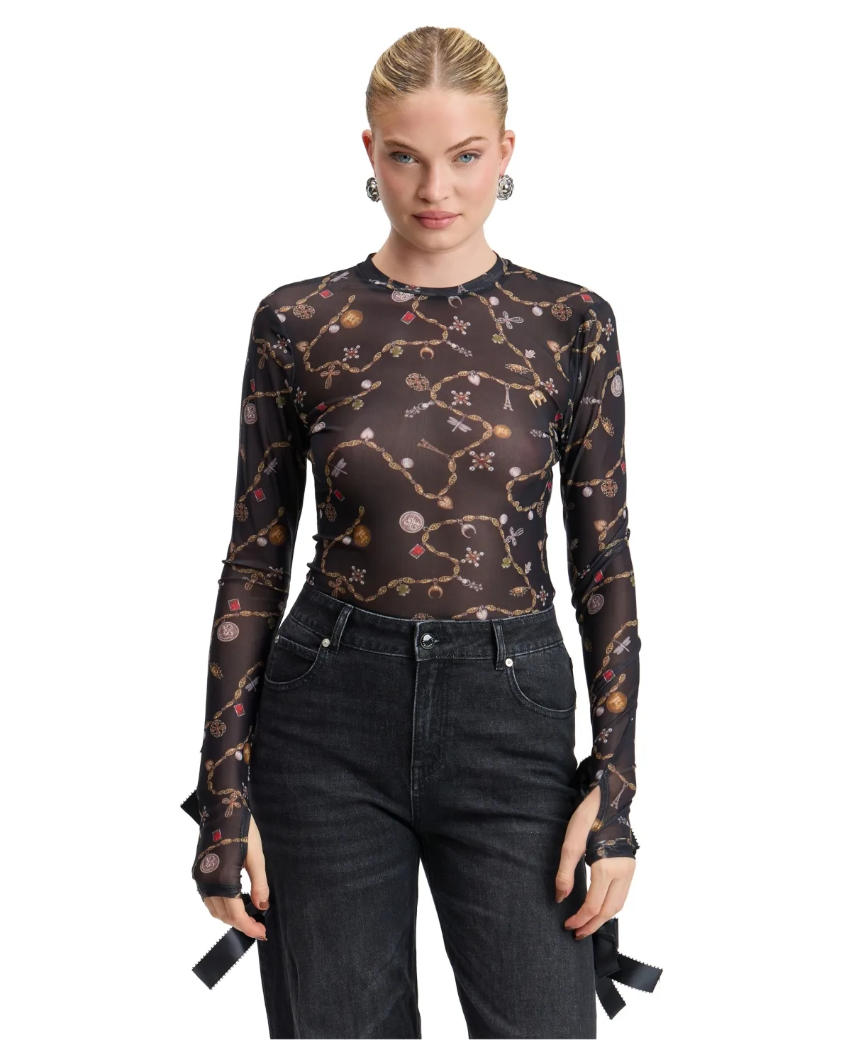 Printed Long-Sleeve Mesh Top by Avec Les Filles