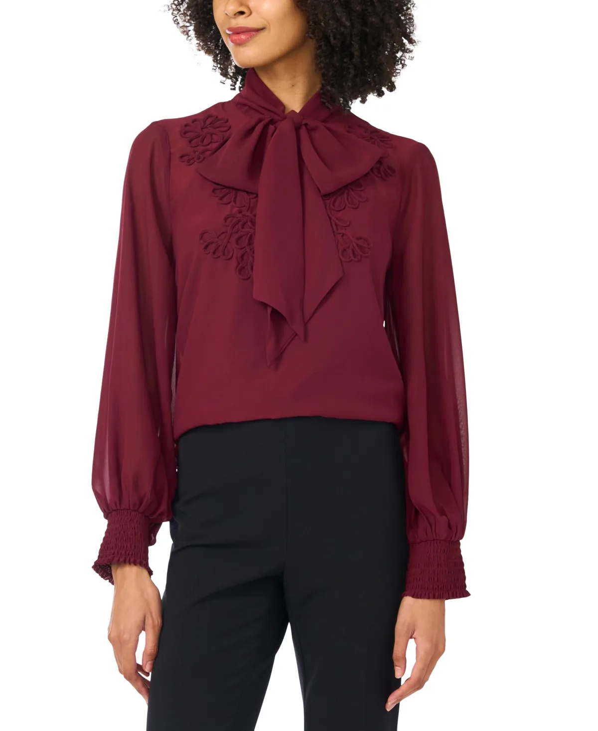 Soutache-Embroidered Long-Sleeve V-Neck Blouse by Vince Camuto