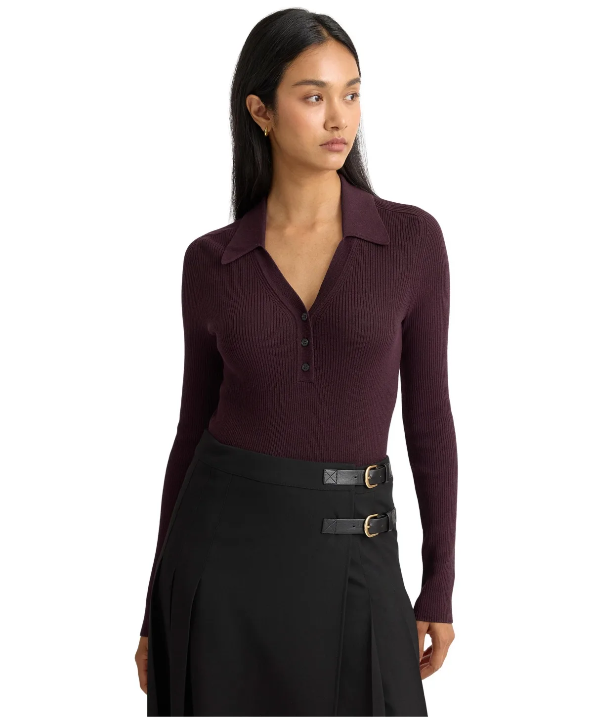 Collared Ribbed V-Neck Long-Sleeve Top by Albaray