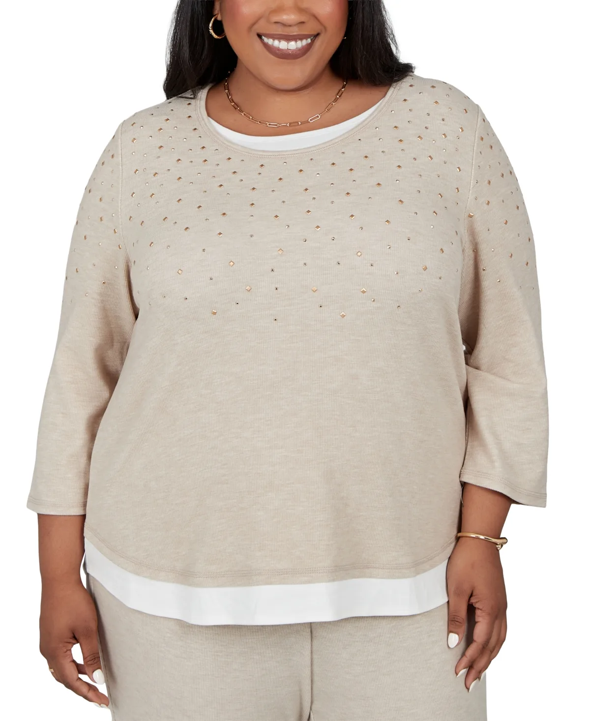 Crewneck 3/4-Sleeve Rhinestone-Embellished Sweater by Alfred Dunner