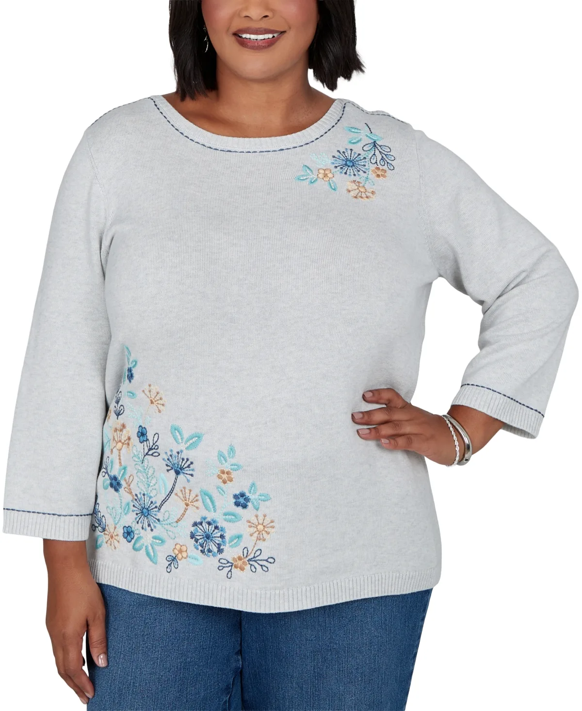 Boat-Neck 3/4-Sleeve Floral-Embroidered Sweater by Alfred Dunner