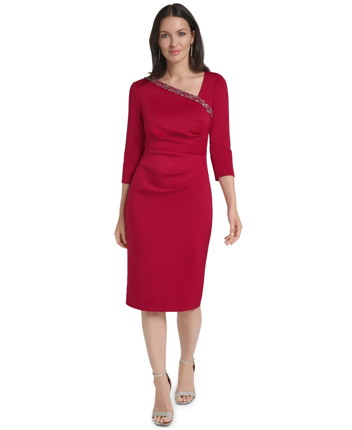 Asymmetrical Neckline 3/4-Sleeve Beaded Cocktail Dress by Jessica Howard