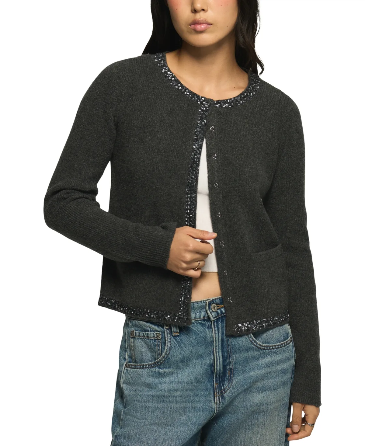 Beaded Crewneck Long-Sleeve Cardigan by Lucky Brand