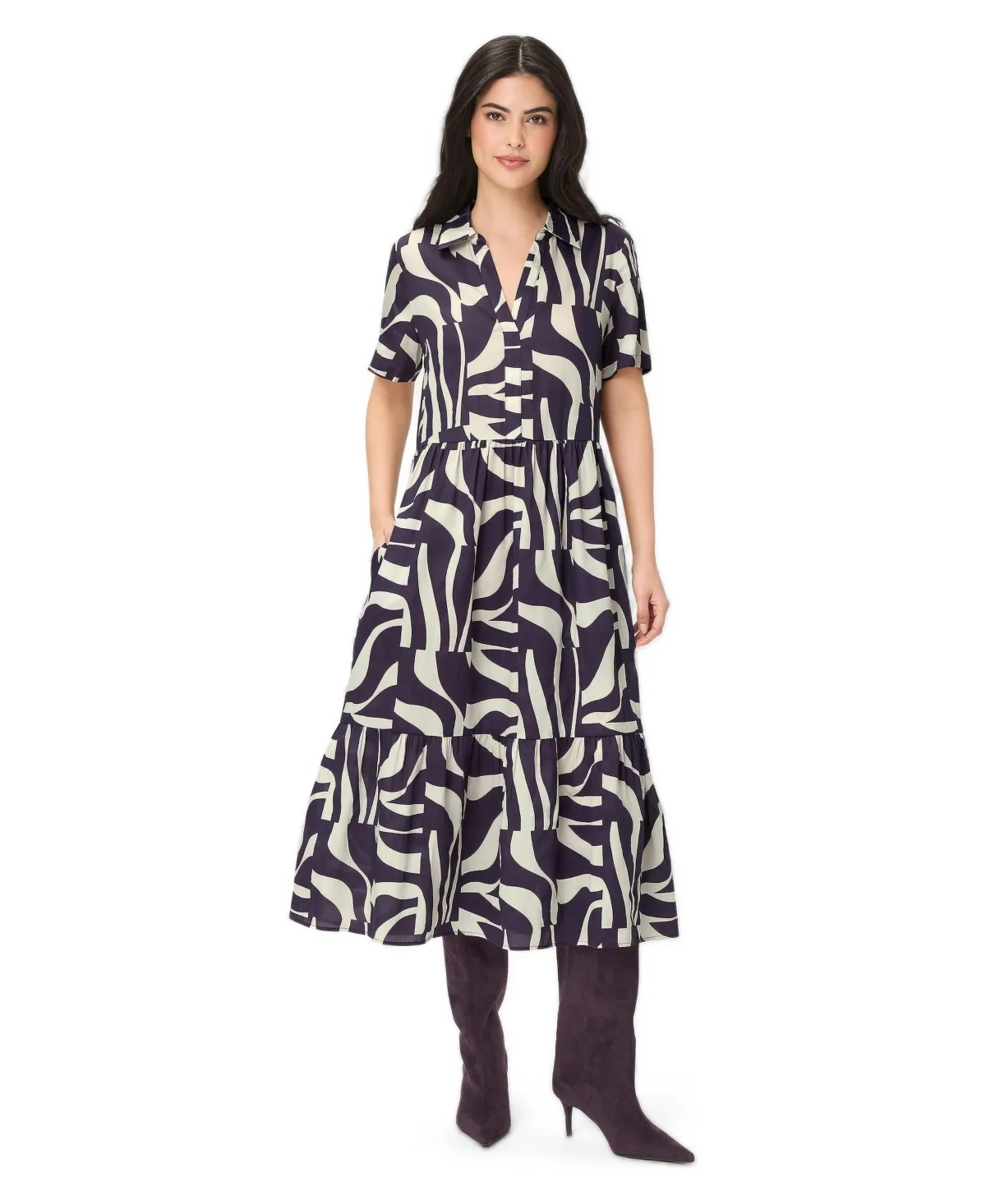 Zebra Splice Tiered Short-Sleeve Shirt Dress by Olsen