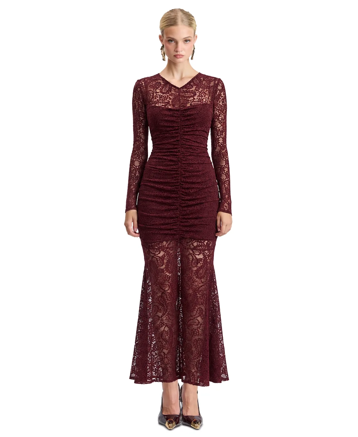 Stretch Lace V-Neck Long-Sleeve Maxi Dress by Avec Les Filles