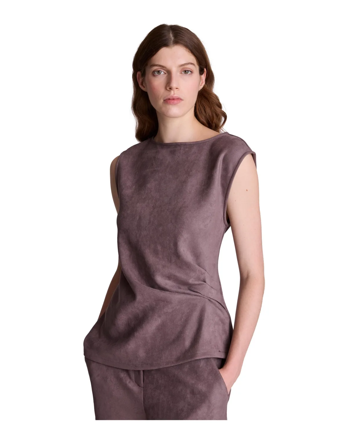 Pleated Sleeveless Crewneck Scuba Faux Suede Pullover by Kenneth Cole