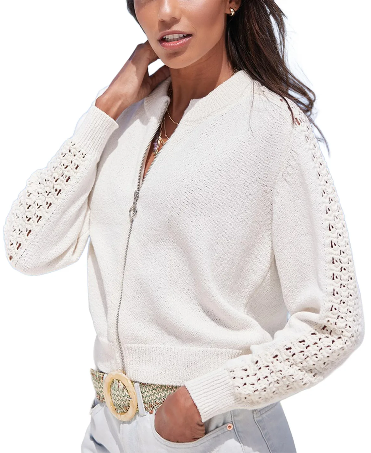 Crochet-Detail Zip-Front Bomber Jacket by Lascana