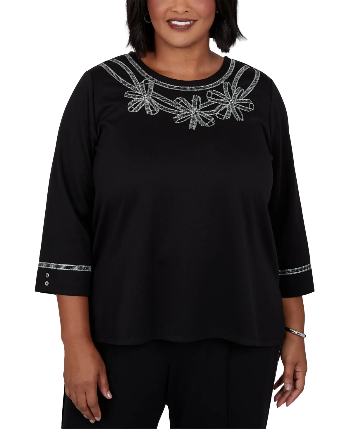 3/4-Sleeve Crewneck Bow-Embellished Blouse by Alfred Dunner