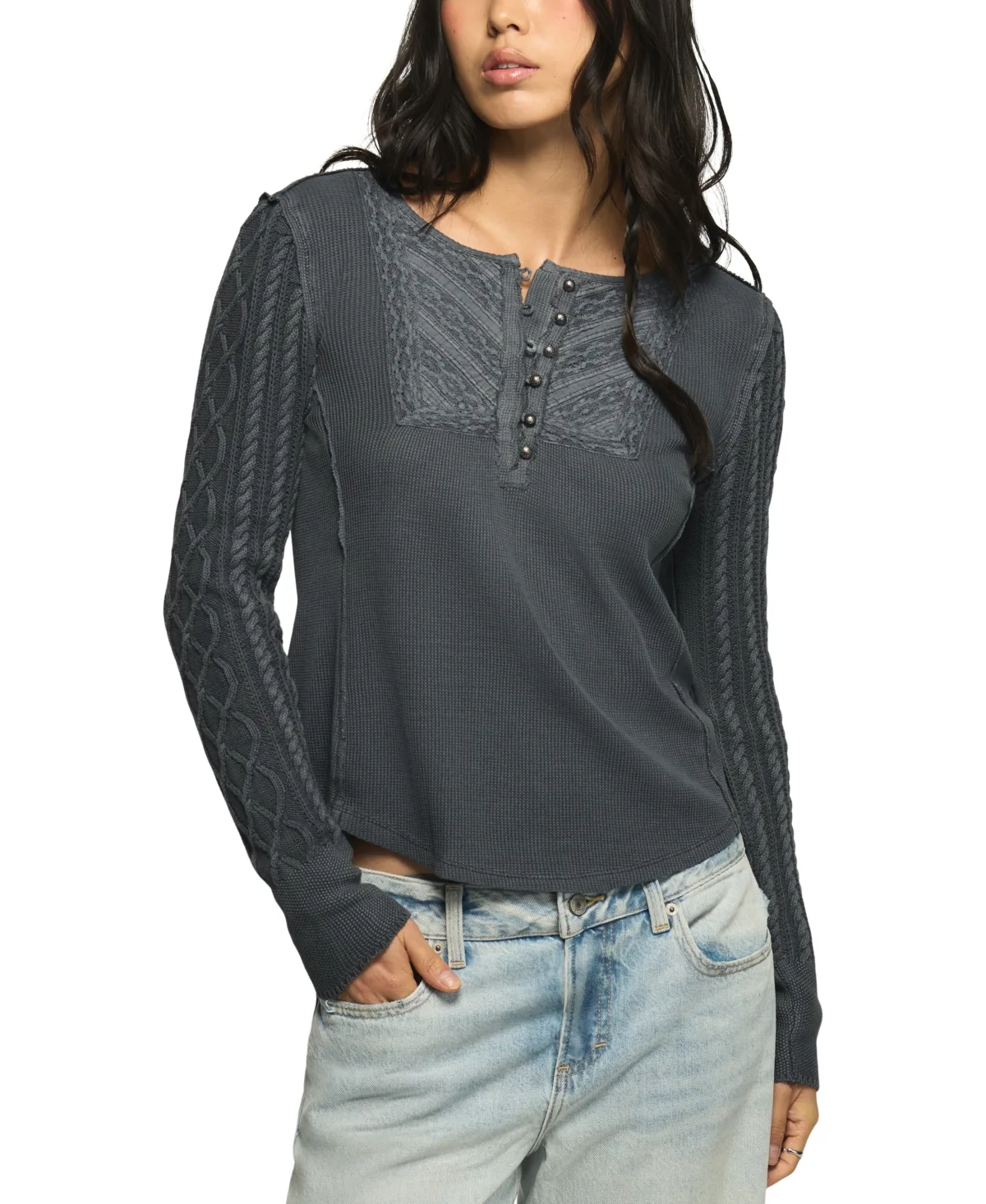 Pintuck Henley Cable-Knit Sweater by Lucky Brand